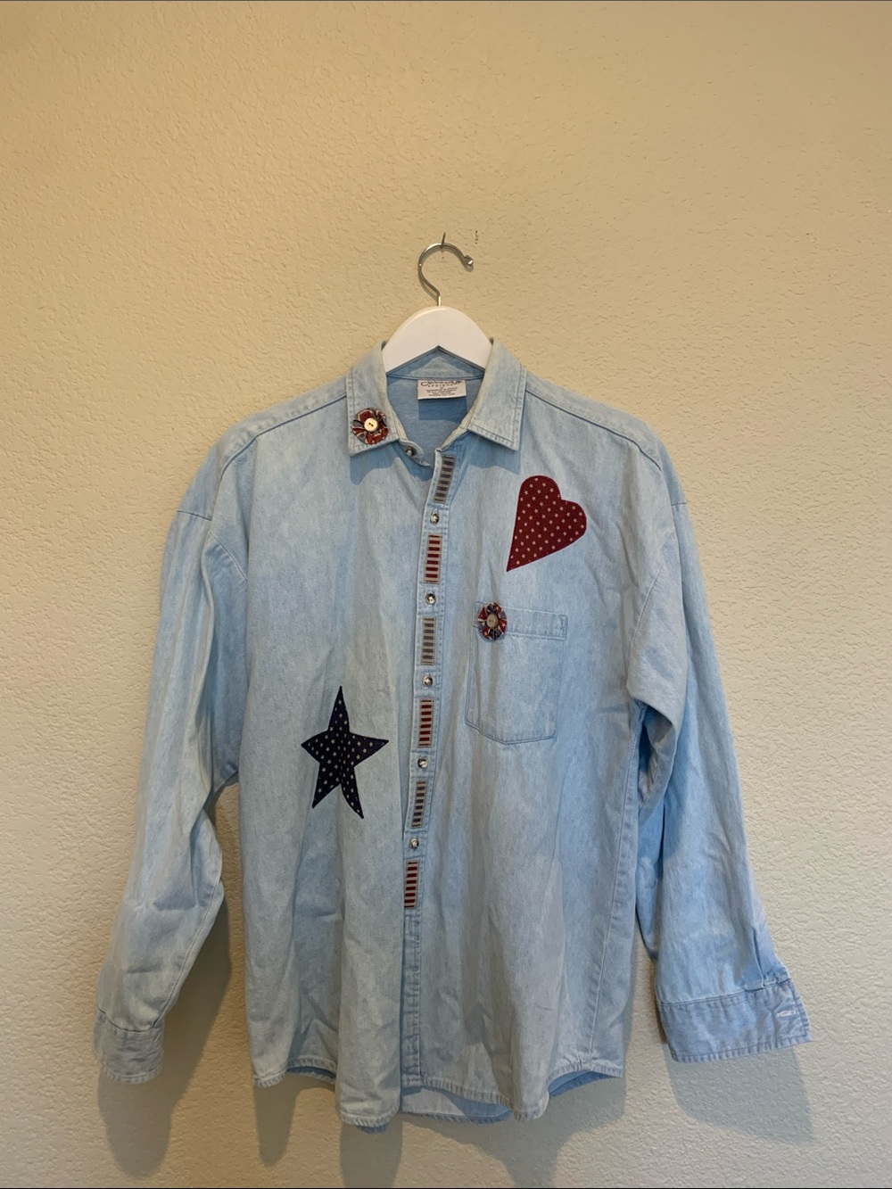 Vintage Light Blue Denim  Button-Up Shirt with Red Heart & Navy Star